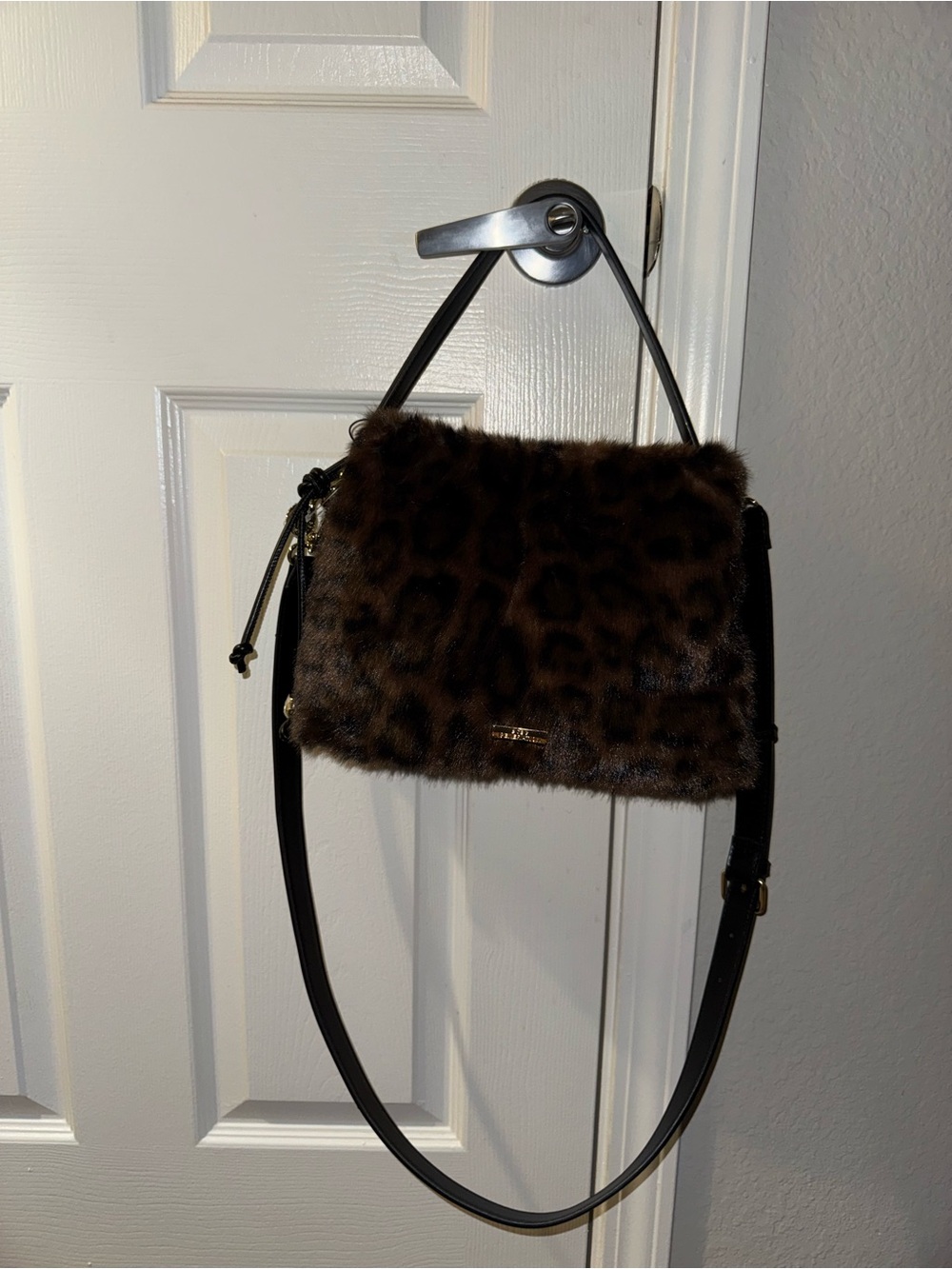 BCBGeneration Leopard Faux Fur Crossbody with Black Strap